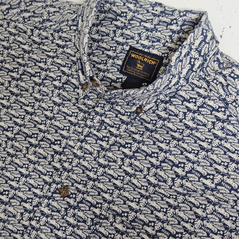 Woolrich Button Down Shirt Mens XL Blue Jeep Leaves Print Short Sleeve Outdoor